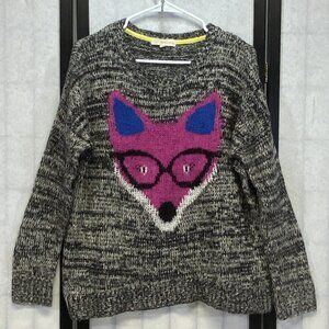 Rewind Fox Sweater Cozy Marled Black Grey Scoop Knit Pullover L Novelty Pullover